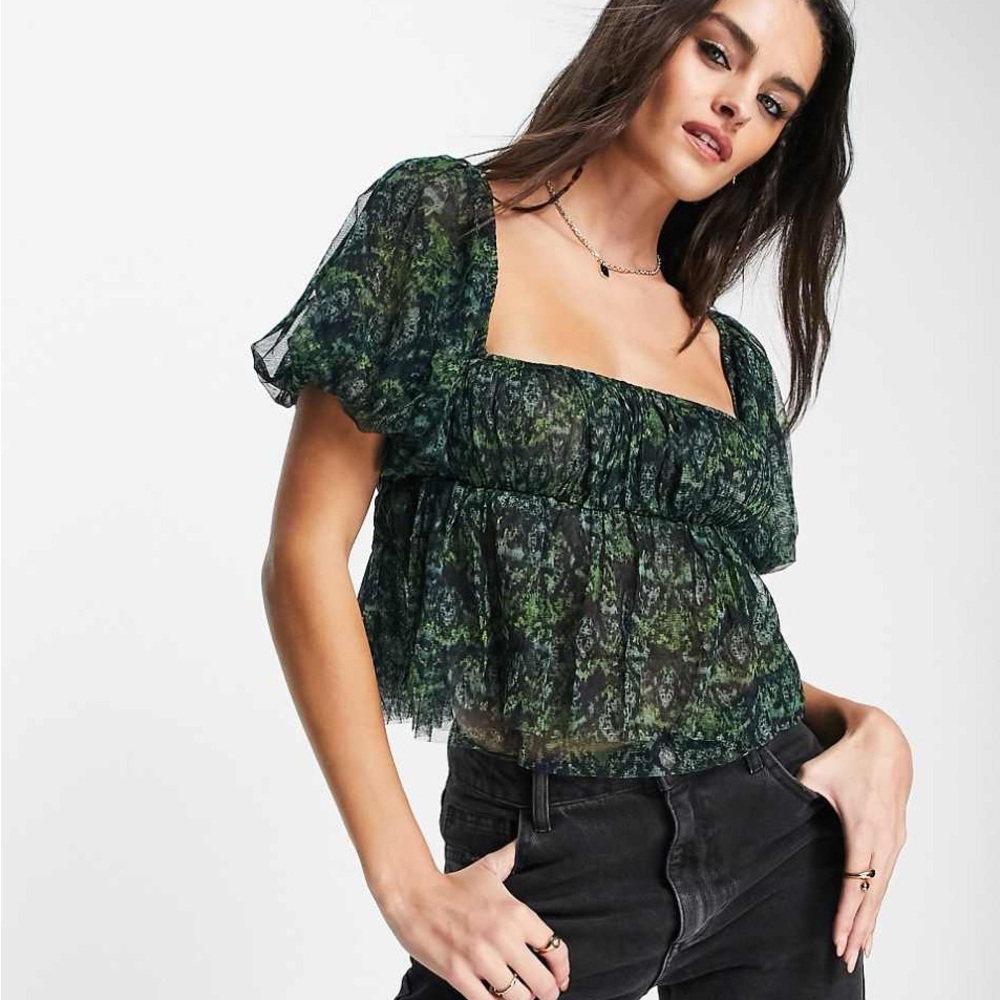 Free People Dark Green Sheer Crop Blouse